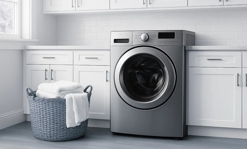 Portable washing machine in a small apartment kitchen