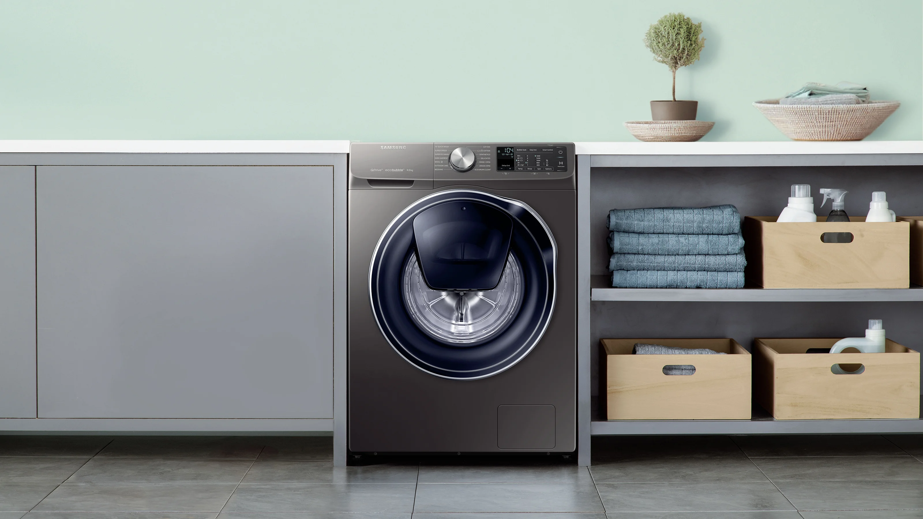 Washing machine control panel with glowing buttons