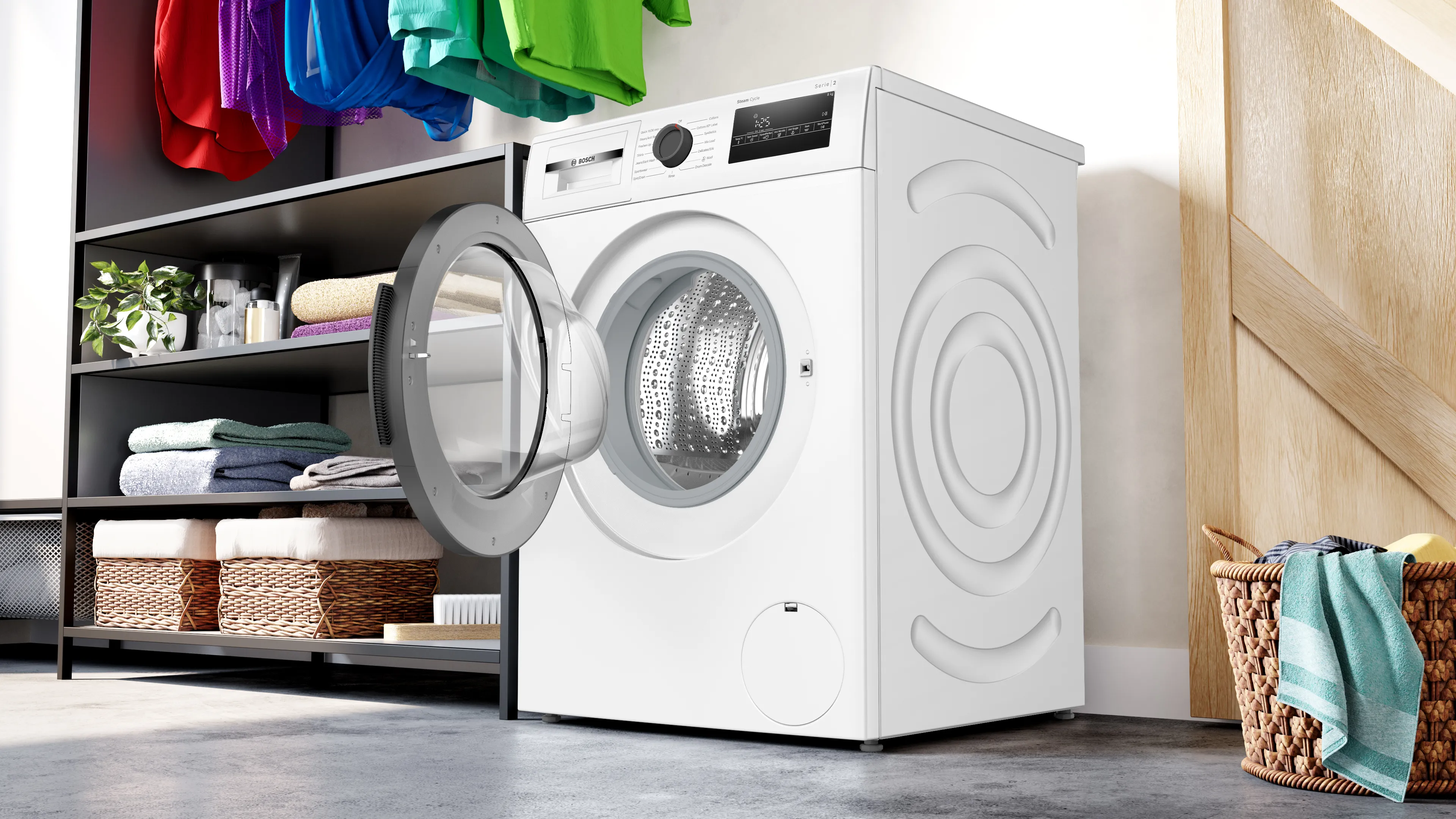 A modern laundry room with a new washer and dryer set